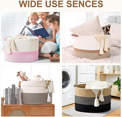 67L Large Blanket Basket, 20"x13" Woven Storage Baskets With Handle, Cotton Rope Blanket Basket Living Room, Baby Laundry hamper for Blanket, Nursery, Toy, Pillow (White & Grey)