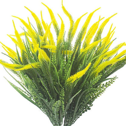 10 Bundles Artificial Plants Outdoor Fake Grass with Flowers UV Resistant Greenery Garden Porch Window Box Decorating (Yellow)