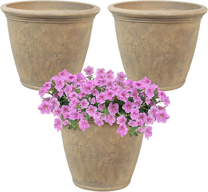 Sunnydaze 24-Inch Anjelica Large Plastic Pot for Plants - Double-Walled Outdoor Polyresin Round Planter Porch Pot with Drillable Drainage Holes - Beige - 3pk