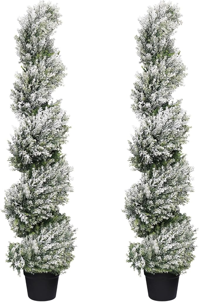 THE BLOOM TIMES 4ft Snow-Flocked Spiral Artificial Topiary Trees Set of 2, 48 inch Faux Cedar Trees for Front Porch Christmas Planter Decor, Fake Plants for Indoor or Covered Outside Display 4 Foot
