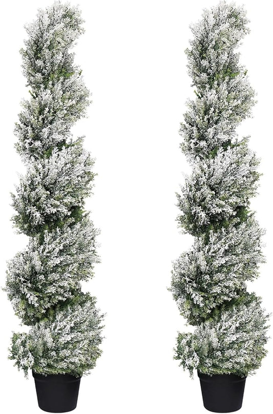 THE BLOOM TIMES 4ft Snow-Flocked Spiral Artificial Topiary Trees Set of 2, 48 inch Faux Cedar Trees for Front Porch Christmas Planter Decor, Fake Plants for Indoor or Covered Outside Display 4 Foot