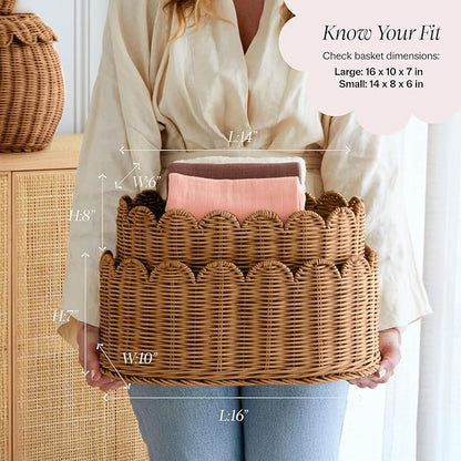 BEBE BASK Premium Scalloped Basket Set Of 2 - Scallop Basket - 16 x 10 x 7 Inch - Hand-Woven Elegant Wicker With Scalloped Edge - Nursery Storage (Mocca)