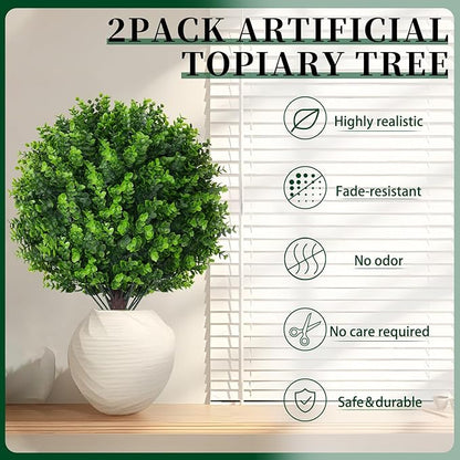 Artificial Eucalyptus Topiary Ball Trees, 2 Set of 16'' UV Resistant Fake Evergreen Shrubs Bushes Plants with Ground Spike, Fake Plants for Outdoor Indoor Front Porch Garden