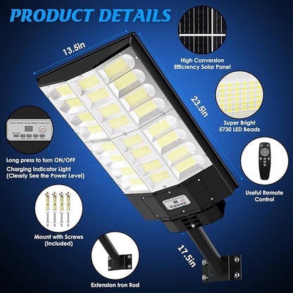 Solar Street Light Outdoor Waterproof 6400W, 640000LM Motion Sensor Solar Powered Flood Light, Dusk to Dawn Lighting with Remote Control, 8500K Commercial Area Lighting for Outside Parking Lot, 1-Pack