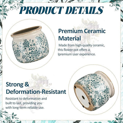 7.7" Large Ceramic Plant Pot Beige Green Vintage Peony Crackle Glaze Rustic Flowers Pot Decorative Planter with Drainage for Indoor Outdoor Plants Home Kitchen Office Decor Gift