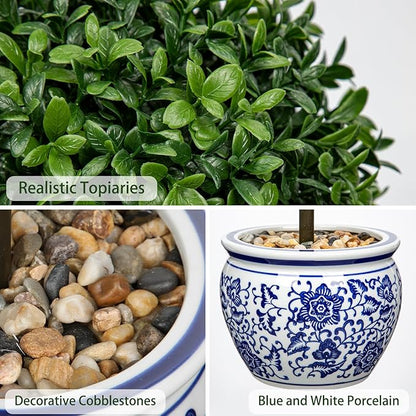 DILATATA Artificial Topiary Boxwood Ball in Blue and White Ceramic Pot, 16 Inch Artificial Boxwood in Planters Decorative Fake Greenery for Table Centerpiece Indoor Plant Home Decor