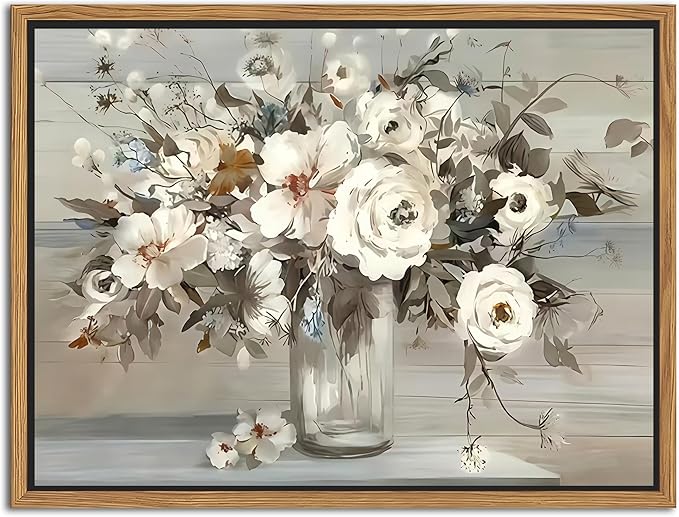 SAMHOU Floating Framed Canvas Wall Art, Vintage White Floral Poster Prints, Nature Plant Picture Wall Decor, Modern Farmhouse Painting Decor for Living Room Kitchen Bathroom Bedroom 16x24 inch