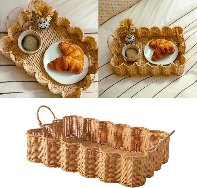 Scalloped Rattan Tray Basket,17"*12"*4" Super Hard Rectangle Hand Woven Wicker Serving Tray with Handles, Seagrass Decoratve Tray for Coffee Table (Rattan-Cream Color-17 * 12 * 4")