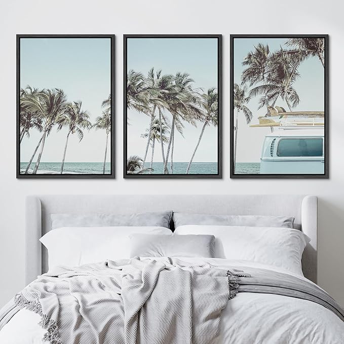 Ashbrook Framed Canvas Print Wall Art Set Retro Road Trip Palm Tree Beach Vacation Nature Wilderness Photography Realism Decorative Nautical Calm/Relax/Cozy for Bedroom - 16"x24"x3 BLACK