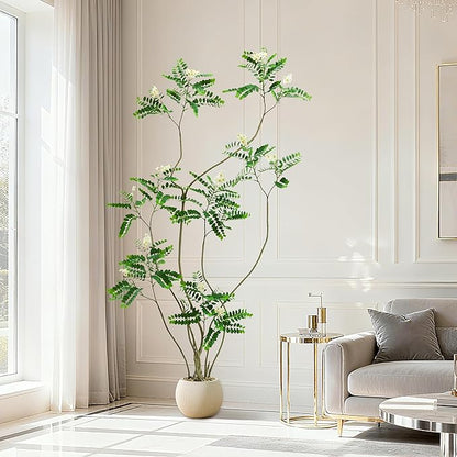 Artificial Locust Tree：6FT Faux Black Locust Floor Plant with White Flowers Small Round Silk Leaves & Elegant Branches in Beige Ribbed Planter for Indoor Home Office Decor Hotel Patio Studio