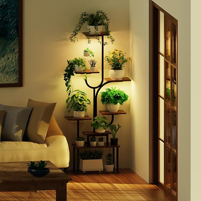Plant Stand Indoor, 8-Tiered Corner Plant Rack Indoor with grow light, 61.42" metal Plant display shelves, Tree-Shaped Flower Ladder for Home, Patio, Living room