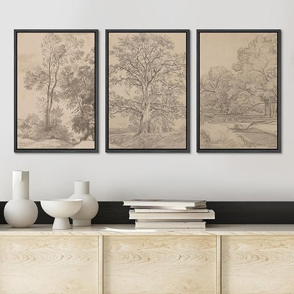 Ashbrook Framed Canvas Print Wall Art Set Retro Vintage Sketchbook Forest Country Landscape Farmhouse Decor Nature Wilderness Illustrations Floral Botanical Retro for Bedroom - 16"x24"x3 BLACK