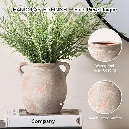 Ceramic Flower Small Vase 6 inch Farmhouse Rustic Vase Decorative Pottery Terracotta Vases for Home Decor Table Mantle Fireplace Living Room Bathroom Wedding Centerpiece
