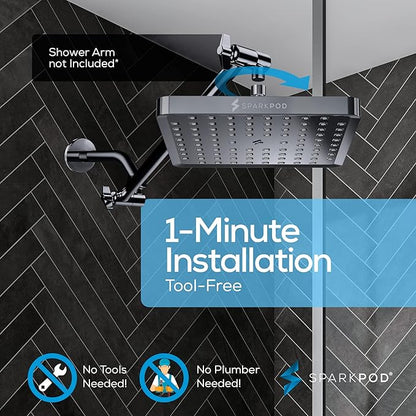 SparkPod Shower Head - High Pressure Rain - Premium Quality Luxury Design - 1-Min Install - Easy Clean Adjustable Replacement for Your Bathroom Shower Heads (Charcoal Grey, 8 Inch Square)