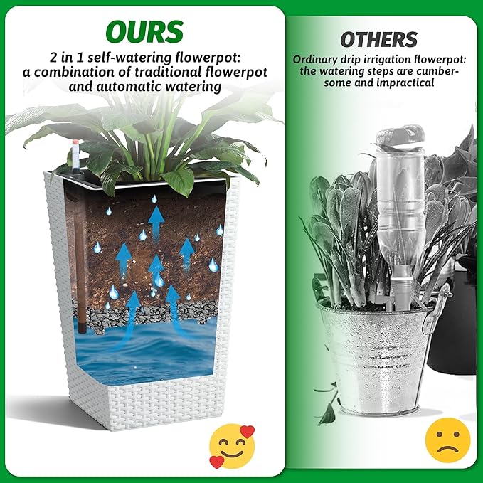 GarveeLife 16 in Tall Planter Set of 2 Large Rattan Flower Pot with 2 Trays & a Water Level Monitor Outdoor and Indoor for Patio, Porch, Living Room, or Home Office, White