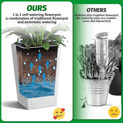 GarveeLife 16 in Tall Planter Set of 2 Large Rattan Flower Pot with 2 Trays & a Water Level Monitor Outdoor and Indoor for Patio, Porch, Living Room, or Home Office, White