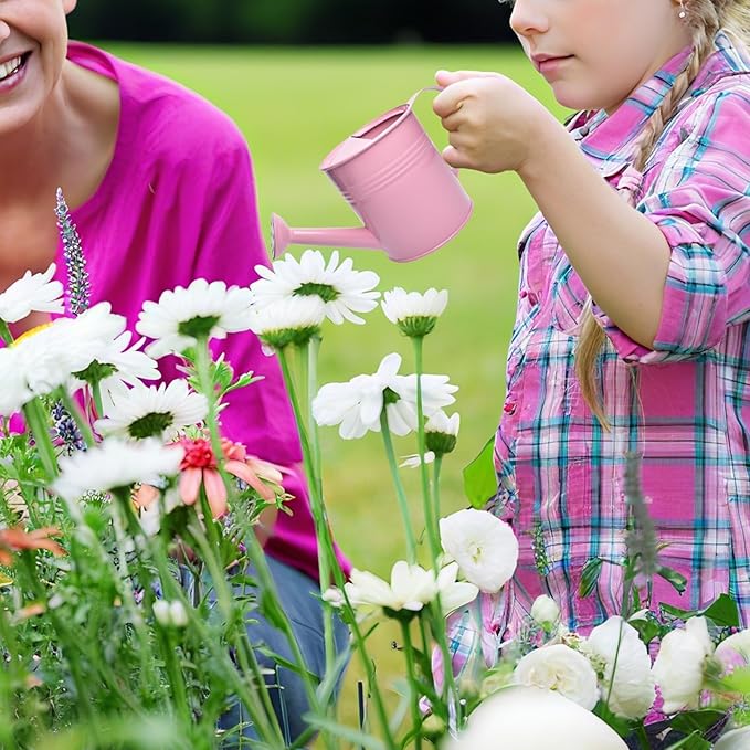 Small Metal Watering Can Set, Pink, 1.2L and 0.23L Garden Cans with Long Spout, Indoor Outdoor Plant Care (Pink)