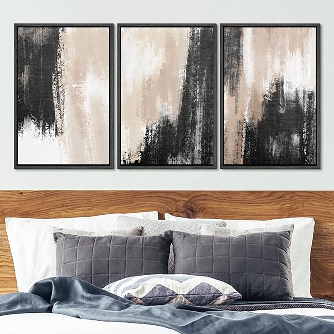 Ashbrook Framed Wall Art Print Set Brown Black Grunge Paint Stroke Landscape Abstract Shapes Illustrations Modern Art Boho Scenic Colorful for Living Room, Bedroom, Office - 16"x24"x3 Black