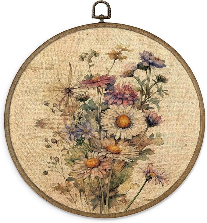MAQIKA Vintage Floral Framed Wall Art Decor, Botanical Wall Art, Daisy Wall Decor, Bouquet Round Wall Hanging Decor, Retro Wildflower Canvas Prints Wall Art for Bedroom Kitchen Living Room,10x10 Inch