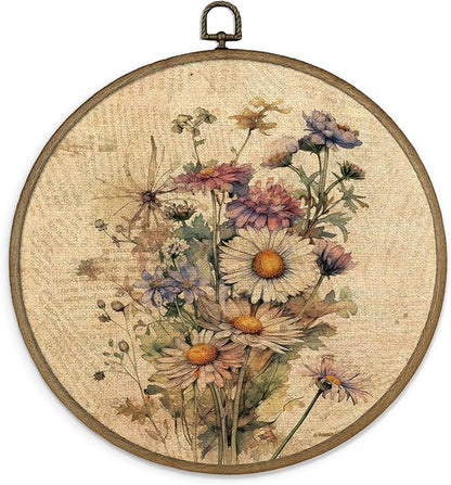 MAQIKA Vintage Floral Framed Wall Art Decor, Botanical Wall Art, Daisy Wall Decor, Bouquet Round Wall Hanging Decor, Retro Wildflower Canvas Prints Wall Art for Bedroom Kitchen Living Room,10x10 Inch