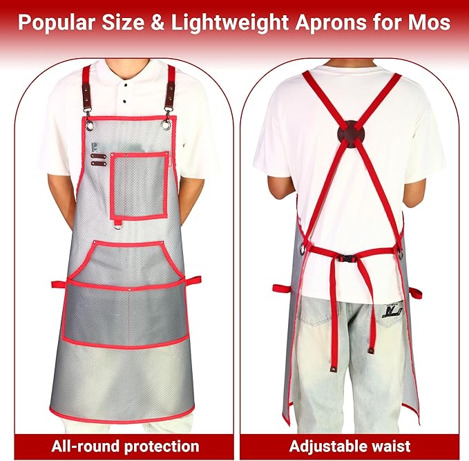 Waterproof Work Apron for Chefs, Hair Stylists, Artists, Gardeners, Adjustable, Multi-Pockets, TPU Mesh Fabric, Plus Size