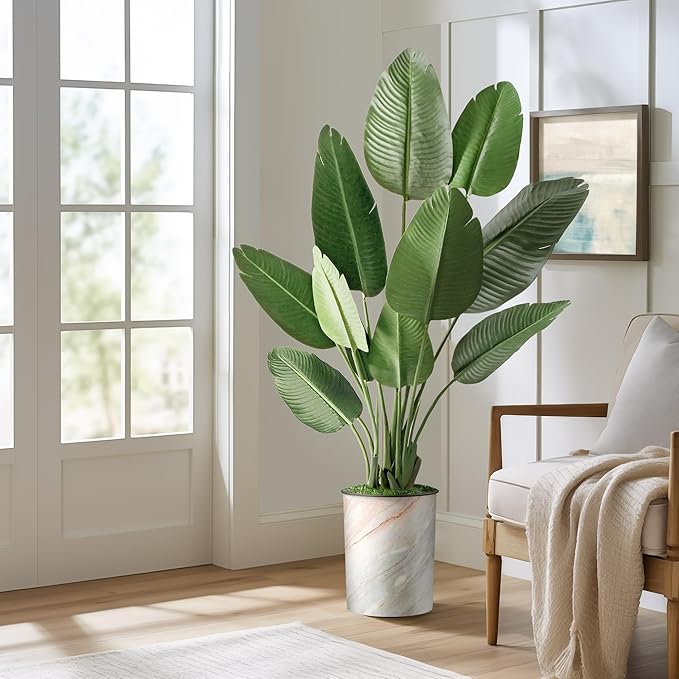 Artificial Tree in Modern Granite Effect Planter, Fake Bird of Paradise Silk Tree for Indoor and Outdoor Home Decoration - 58" Overall Tall (Plant Pot Plus Tree)
