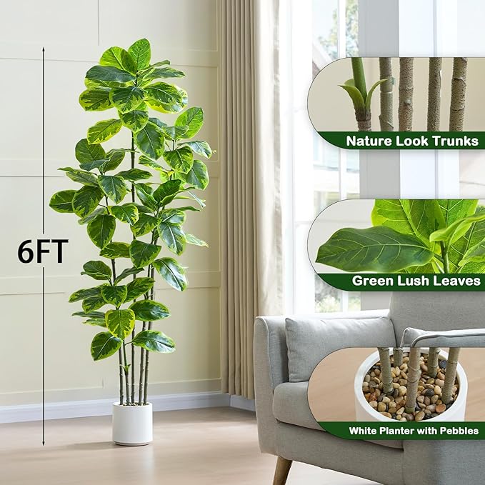 Ficus Tree Artificial Plants Indoor, 6FT Tall Fake Trees in White Pot, Large Potted Silk Floor Plant Artificial Trees, Green Lifelike Faux Ficus Tree for Home Room Office Porch Decor-Yellow