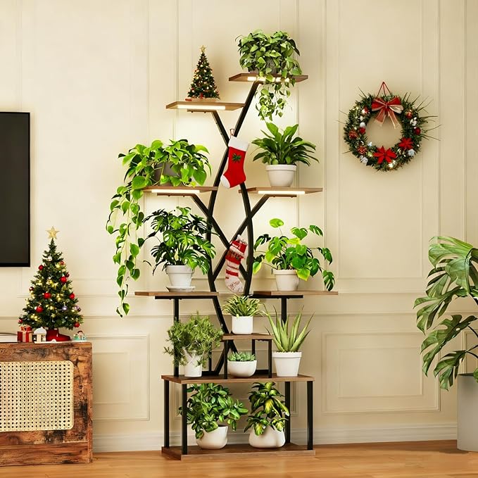 Plant Stand Indoor with Grow Lights - 9 Tiered 66" Tall Metal Plant Shelf, Curved Plant Stand with Adjustable Feets for Multiple Plants, Corner Flower Shelf for Living Room, Patio