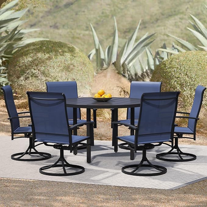 7 Piece Outdoor Dining Set, 47" Black Round Outdoor Dining Table with 6 Blue Swivel Patio Table and Chair Set of 6 for Lawn, Garden, or Porch