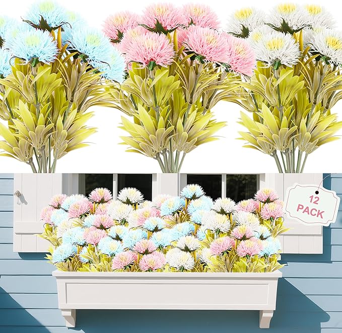 FGSAEOR 12 Bundles Artificial Dandelion Flowers for Outdoor Indoor, Faux Flower with Eucalyptus Leaves Fake Plants Greenery, Garden Home Decor