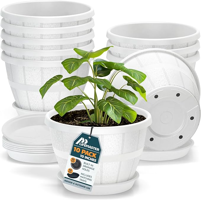10-Inch Whiskey Barrel Planters Outdoor Pack of 10 - Durable Plastic Plant Pots for Indoor & Outdoor Use with Drainage & Saucer, Lightweight Rustic Barrel Planters for Flowers, Herbs & Small Plants