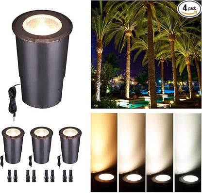 In Ground Landscape Lighting Low Voltage - 2700K-5000K 5 Color Selectable IP67 LED Well Lights, Outdoor 12V Open Top in-Grade Light, ORB Aluminum for Lawn Driveway Garden 9W 700LM 4 Pack