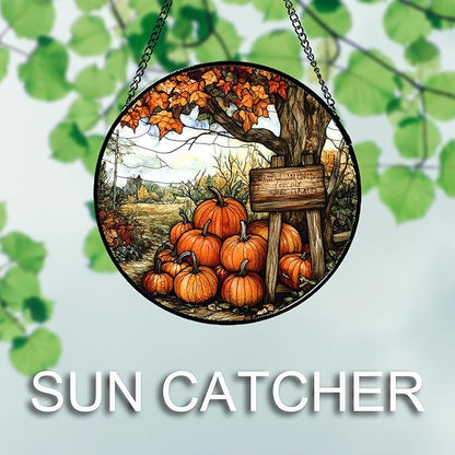 Stained Glass Window Hanging Fall Farm Scenery Maple Trees Pumpkin 6.3" - Suncatcher Door Garden Kitchen Sun Catcher Autumn Decor Birthday for Mom Nana Men Woman Friend