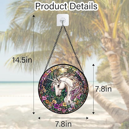 Stained Glass Window Hanging, Unicorn Flowers Suncatcher for Doors Home Sun Catchers Decoration and Christmas, Mother's Day Birthday Gifts for Women, Men, and Mom 7.8 in