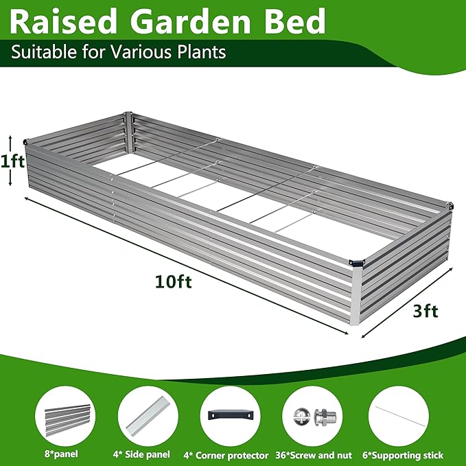 2PCS 10x3x1ft Galvanized Metal Raised Garden Bed Kit,Outdoor Planter Box Vegetables,Flowers,Herbs Durable Rust-Resistant Patio Gardening Beds,Silver