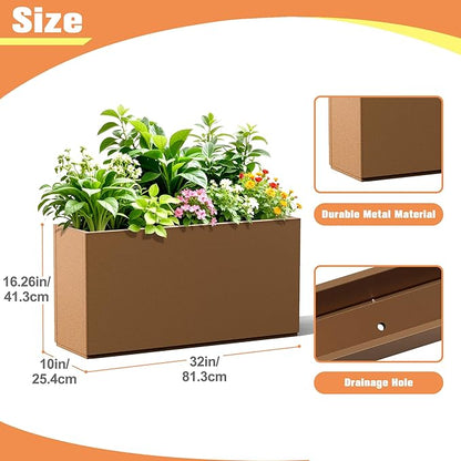 Rectangle Planter for Indoor & Outdoor, Tall and Long Planter Boxes with Drainage Holes, Mental Planter Box All-Weather Use for Plants, Flowers, 32" L x 10" W x 16.3" H, Brown