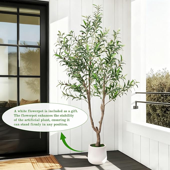 Fake Tree Faux Olive Tree with White Tall Planter Tall Fake Plant Faux Trees Indoor Olive Trees Artificial Indoor Suitable for Home Decoration Hotel Dining Room Office Decoration 6 Feet Tall