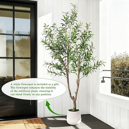 Fake Tree Faux Olive Tree with White Tall Planter Tall Fake Plant Faux Trees Indoor Olive Trees Artificial Indoor Suitable for Home Decoration Hotel Dining Room Office Decoration 6 Feet Tall