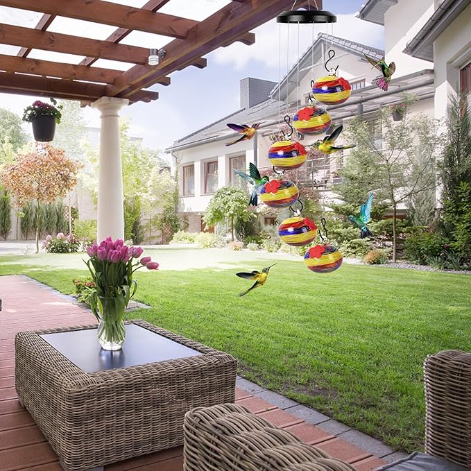Charming Wind Chimes Hummingbird feeders for Outdoors Hanging ant and bee Proof,Never Leak,Perfect Garden Decor for Outside(Rainbow)