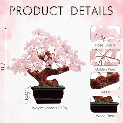 Parma77 Feng Shui Natural Rose Pink Quartz Crystal Money Tree, Healing Crystal Trees Bonsai Style Decoration for Wealth and Luck for Home Decor, Gifts for Women