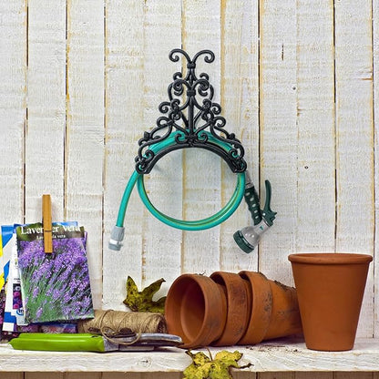 MyGift Wall Mounted Garden Hose Holder, Vintage Baroque Scrollwork Cast Iron Watering Tube Rack, Decorative Floral Pattern Hanging Hook Water Hosepipe Reel