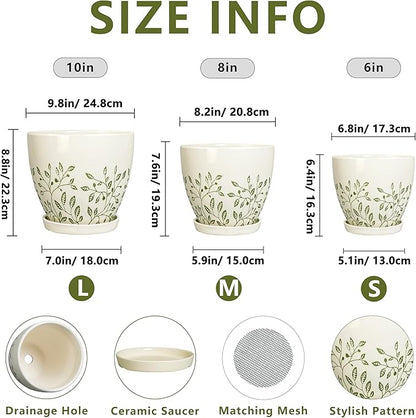 Ceramic Pots for Indoor Plants - 10+8+6 Inch Planters with Drainage Holes and Saucers, Decorative Boho Round Indoor Planters Pots, Room Decor, Gifts for Plant Lovers, Set of 3, White