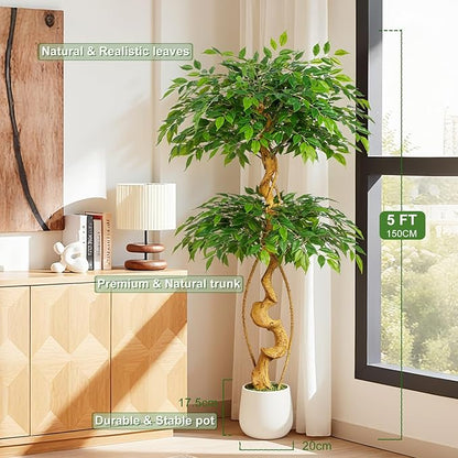 5ft Large Ficus Artificial Trees in White Pot, 60" Tall Fake Silk Tree with Natural Curved Trunk, Lush Faux Ficus Tree for Indoor Home Decor, Living Room, Office & Patio