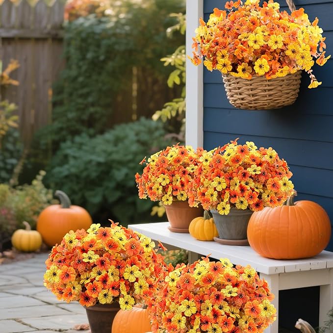 20 Bundles Artificial Fake Mums Flowers for Outdoor Faux Silk Orange Yellow Daisy Realistic UV Resistant No Fade Fake Plants Flowers for Planter Porch Patio Indoor Thanksgiving Decor