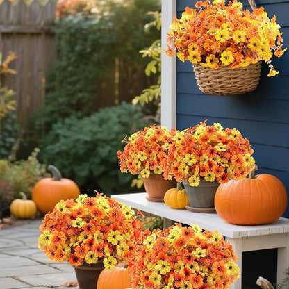 20 Bundles Artificial Fake Mums Flowers for Outdoor Faux Silk Orange Yellow Daisy Realistic UV Resistant No Fade Fake Plants Flowers for Planter Porch Patio Indoor Thanksgiving Decor