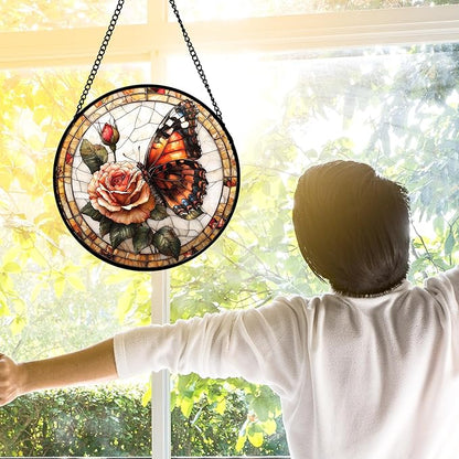 Stained Glass Window Hanging, Butterfly Picking Flowers Suncatcher for Doors Home Sun Catchers Decoration and Christmas, Mother's Day Birthday Gifts for Women, Men, and Mom 6.3 in