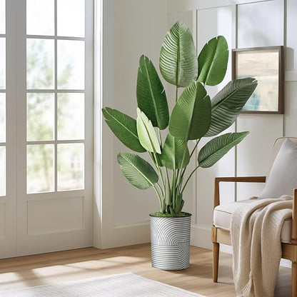 Artificial Tree in Modern Geometric Pattern Planter, Fake Bird of Paradise Silk Tree for Indoor and Outdoor Home Decoration - 58" Overall Tall (Plant Pot Plus Tree)