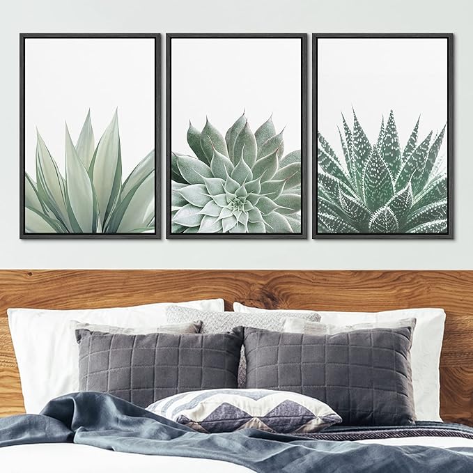 Ashbrook Framed Canvas Print Wall Art Set Green Desert Cactus Succulent Variety Nature Wilderness Photography Modern Art Minimal Chic Colorful for Living Room, Bedroom, Office - 24"x36"x3 Black