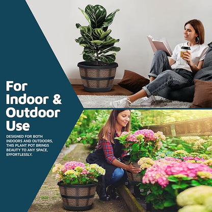 10-Inch Whiskey Barrel Planters Outdoor Pack of 10 - Durable Plastic Plant Pots for Indoor & Outdoor Use with Drainage & Saucer, Lightweight Rustic Barrel Planters for Flowers, Herbs & Small Plants