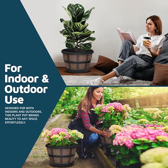 10-Inch Whiskey Barrel Planters Outdoor Pack of 25 - Durable Plastic Plant Pots for Indoor & Outdoor Use with Drainage & Saucer, Lightweight Rustic Barrel Planters for Flowers, Herbs & Small Plants